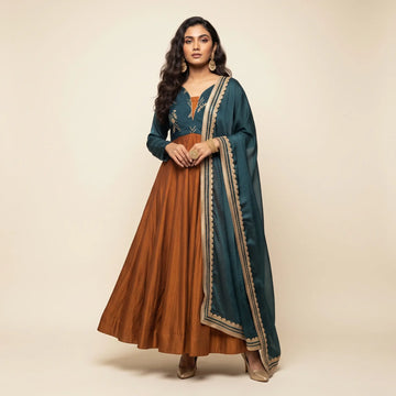 Teal Floral Motif Anarkali Set