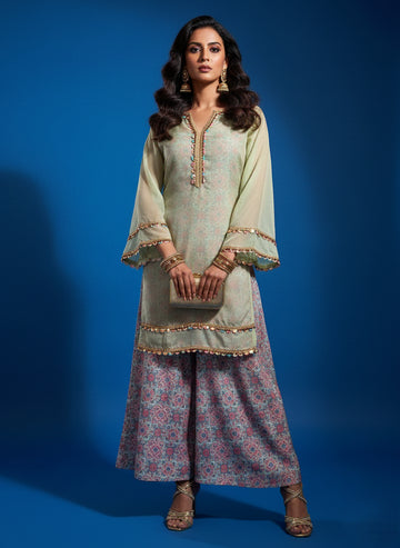 Pista Green Geometric Print Kurti Set - 52712KS