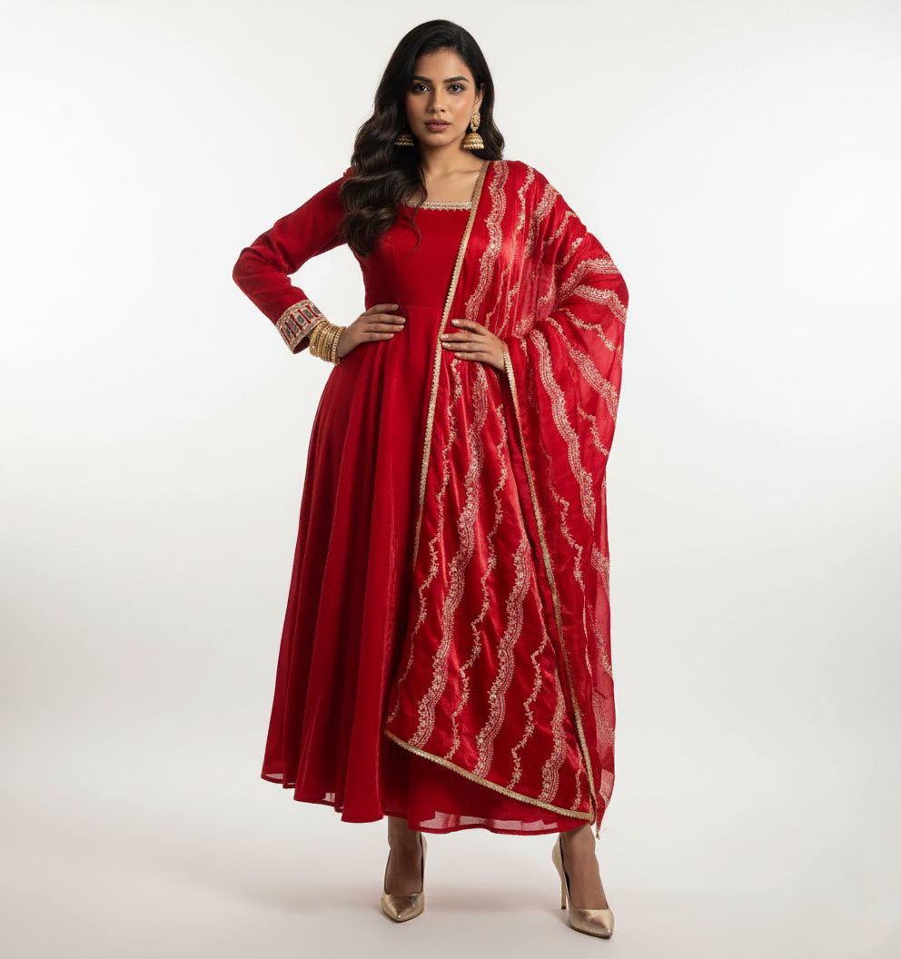 Red Floral Organza Anarkali Set - 52715KS