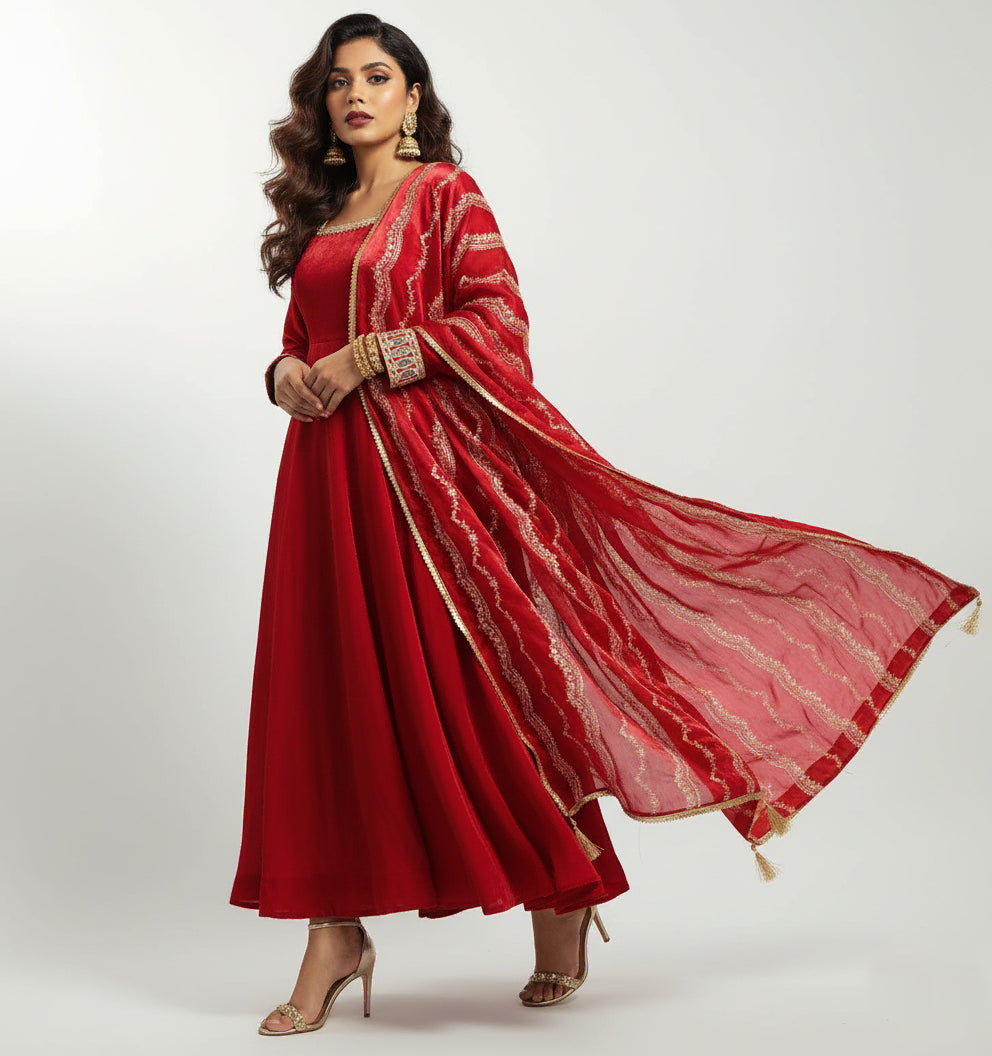 Red Floral Organza Anarkali Set - 52715KS