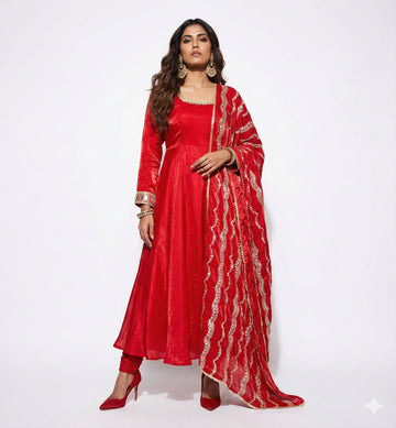 Red Floral Organza Anarkali Set - 52715KS