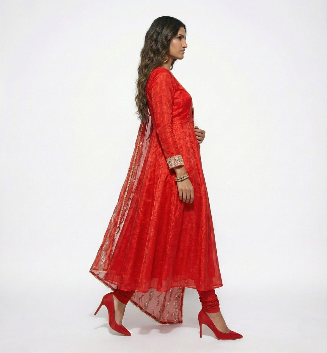 Red Floral Organza Anarkali Set - 52715KS