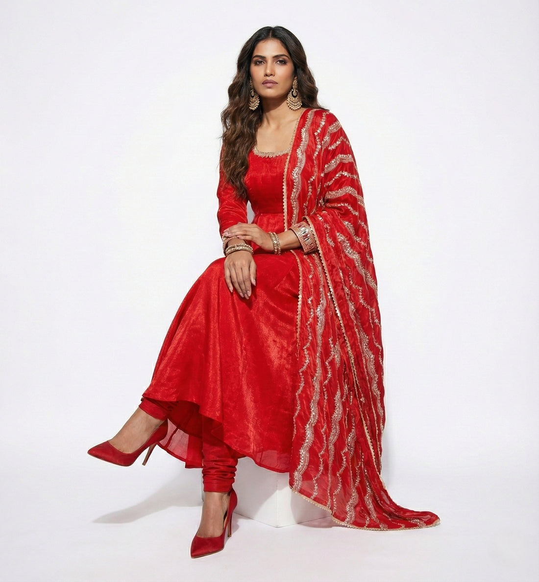 Red Floral Organza Anarkali Set