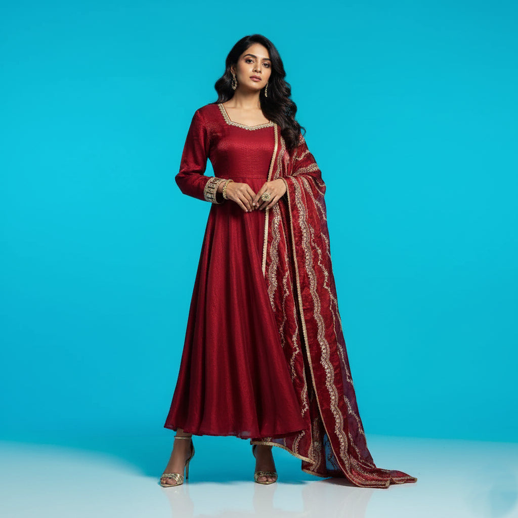 Maroon Floral Scallop Anarkali Set - 52716KS