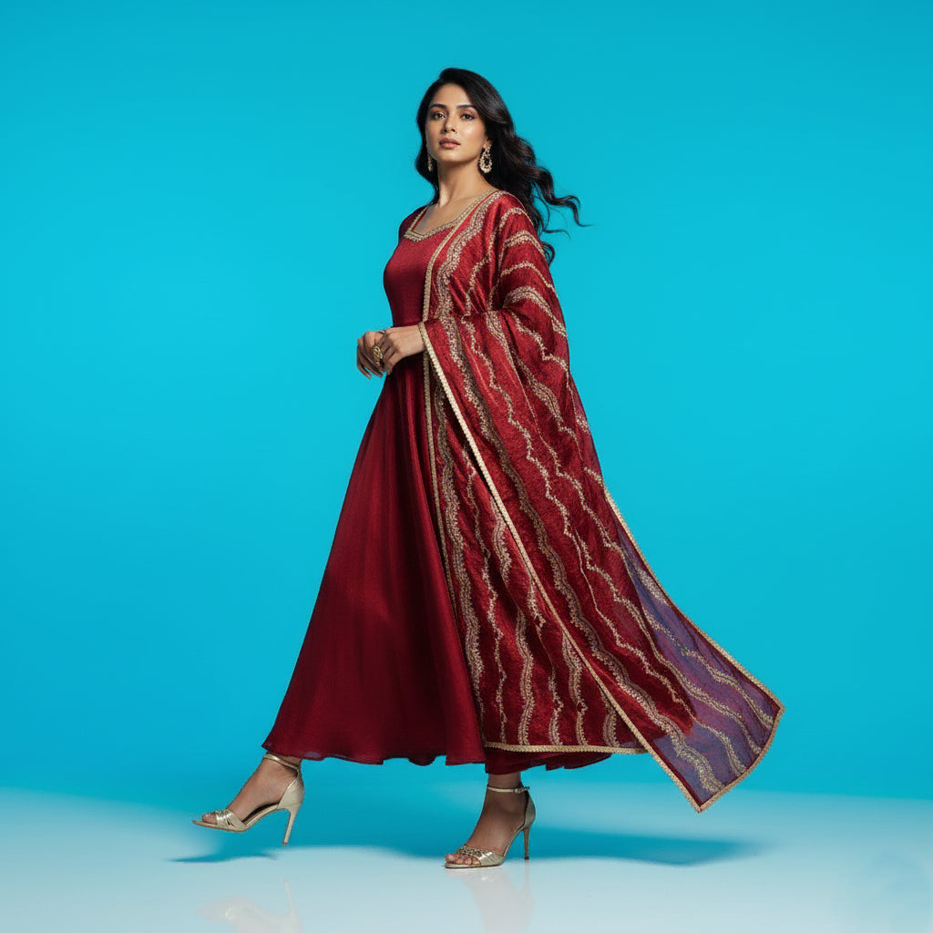 Maroon Floral Scallop Anarkali Set - 52716KS