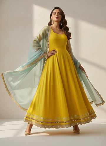 Yellow Anarkali with Sky Blue Organza Dupatta Set - 52717KS