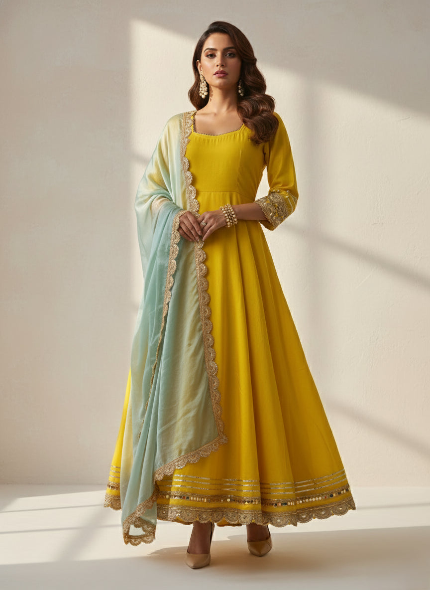 Yellow Anarkali with Sky Blue Organza Dupatta Set - 52717KS