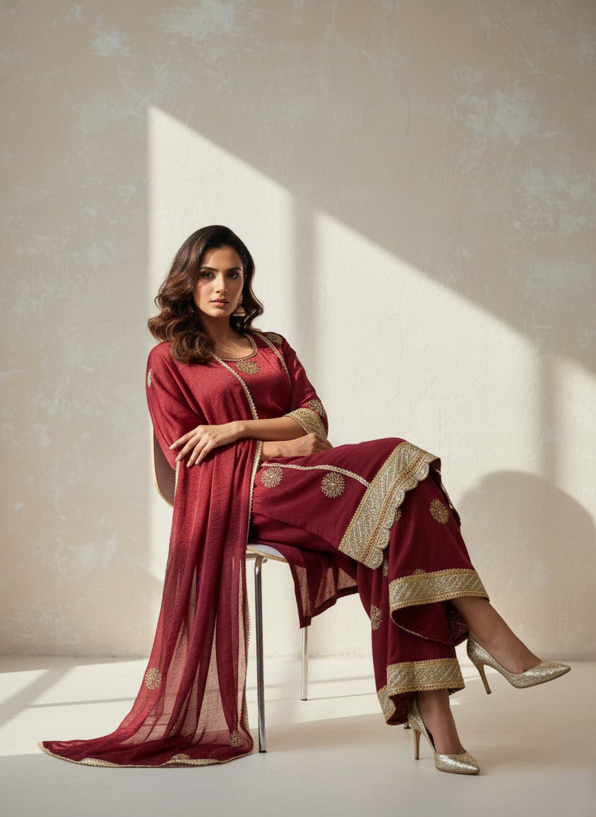 Maroon Motif Embroidered Kurti Set - 52721KS