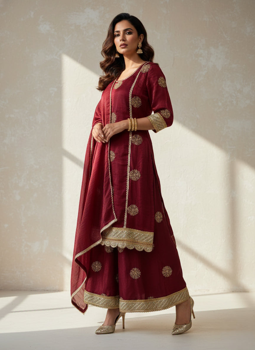Maroon Motif Embroidered Kurti Set - 52721KS
