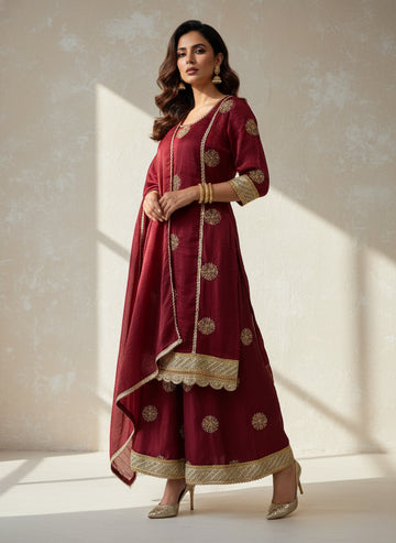Maroon Motif Embroidered Kurti Set - 52721KS
