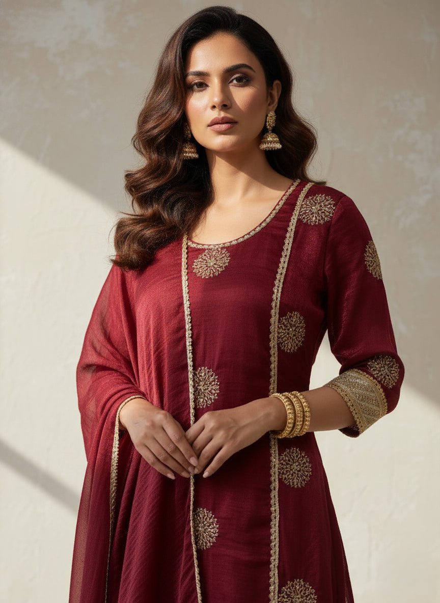 Maroon Motif Embroidered Kurti Set