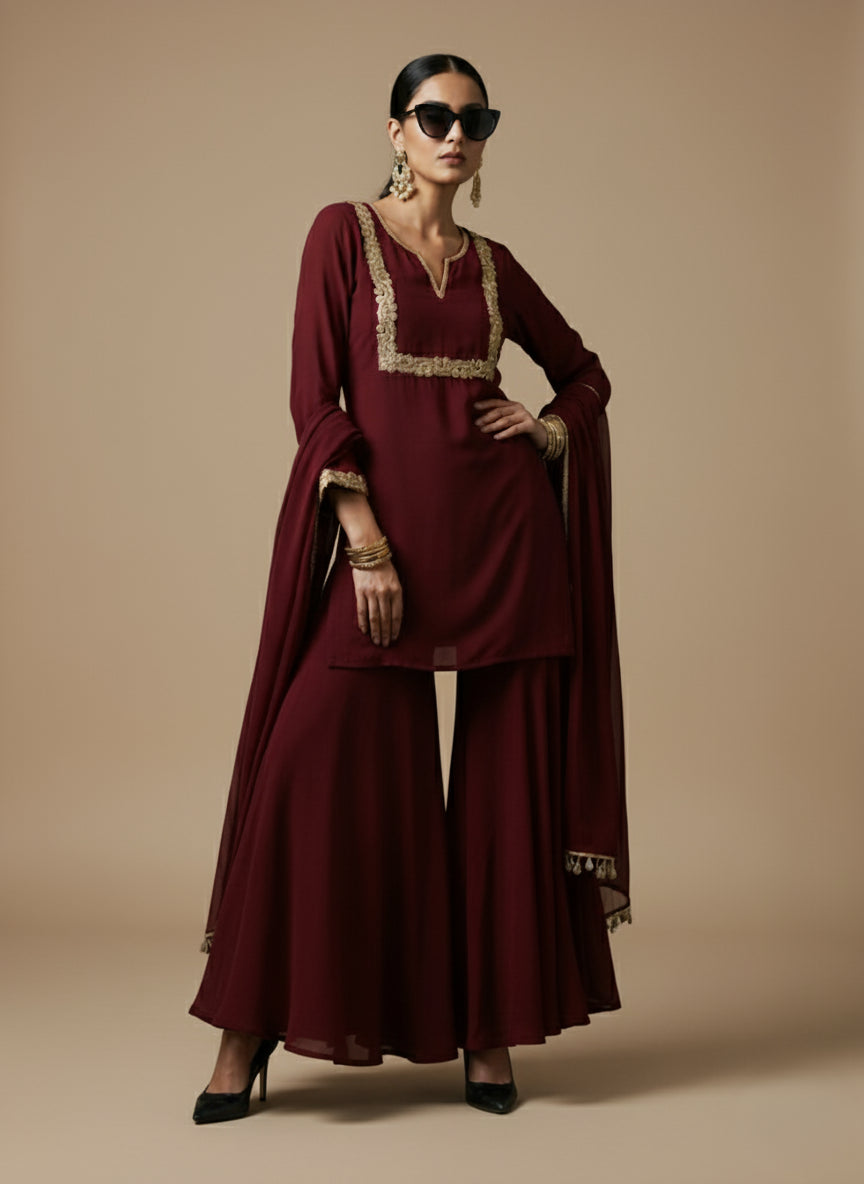 Maroon Elegance Georgette Kurti Palazzo Set - 52723KS