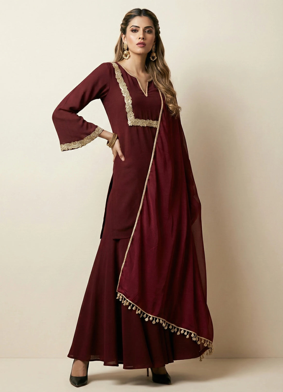 Maroon Elegance Georgette Kurti Palazzo Set - 52723KS