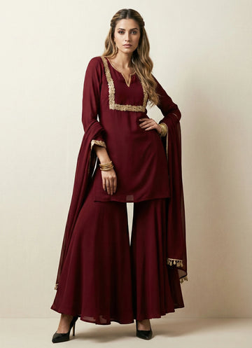 Maroon Elegance Georgette Kurti Palazzo Set - 52723KS