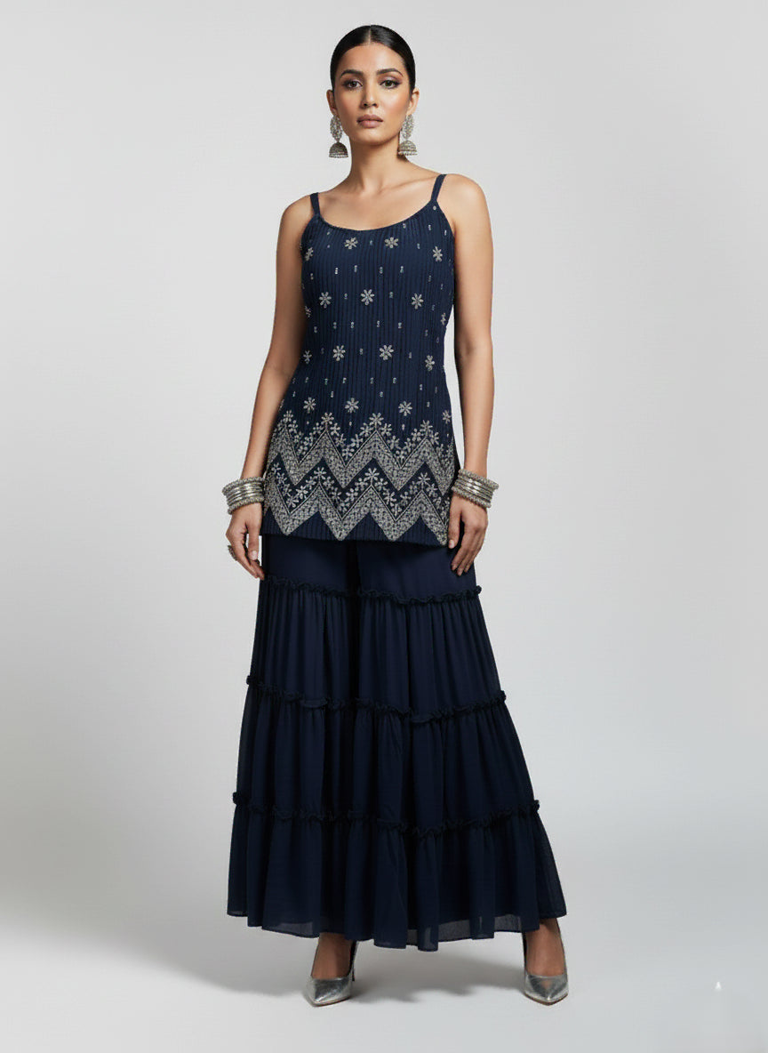 Teal Charm Motif Kurti Palazzo Set - 52731KS