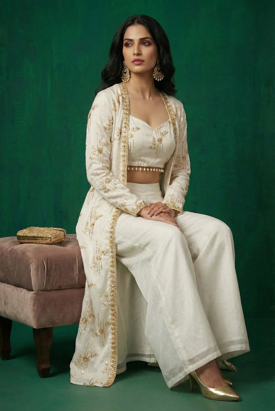 White Floral Motif Organza Jacket Set- 52733C