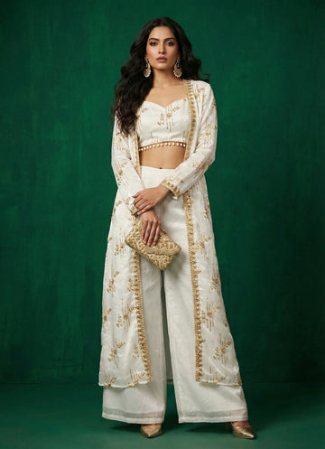 White Floral Motif Organza Jacket Set- 52733C