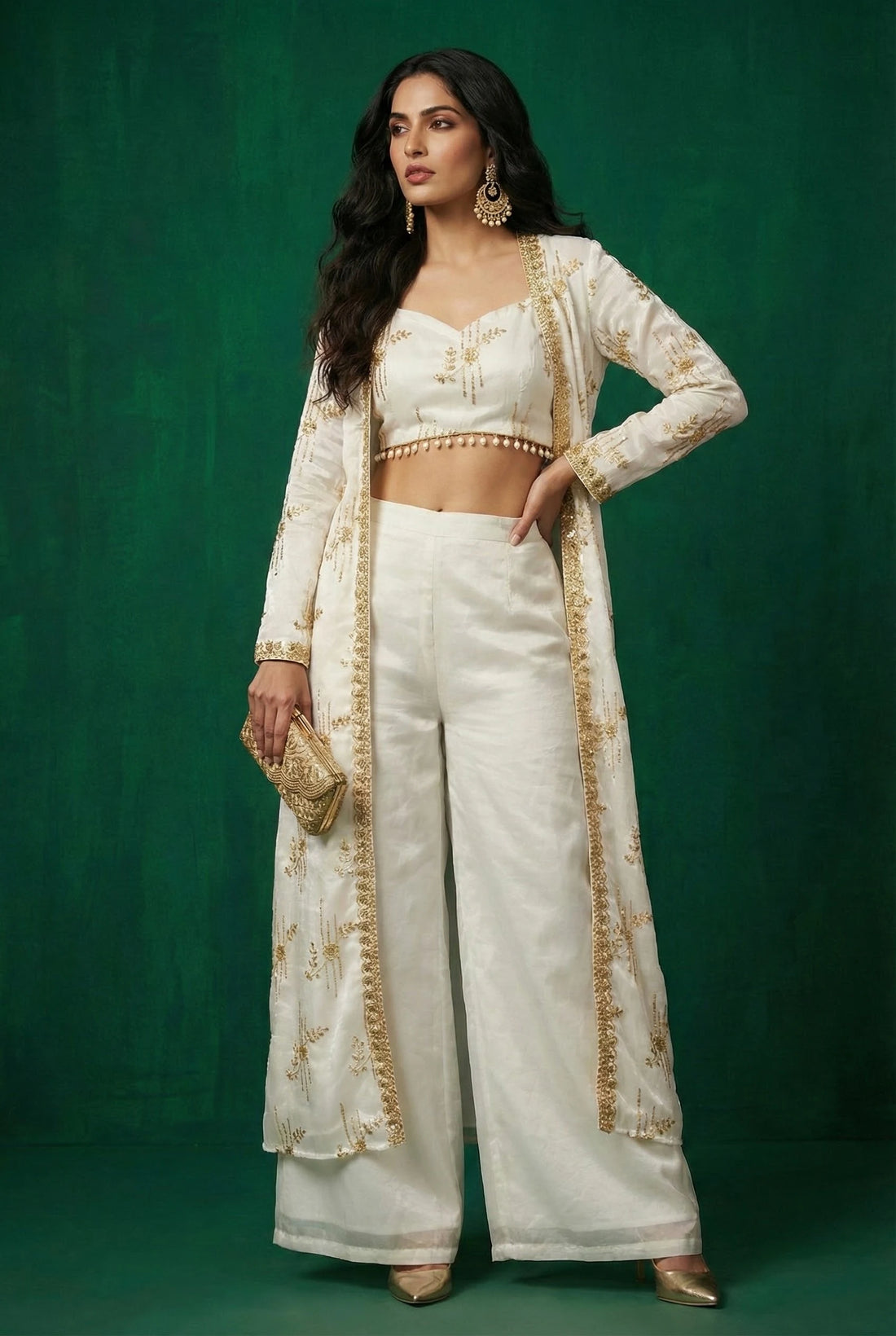 White Floral Motif Organza Jacket Set