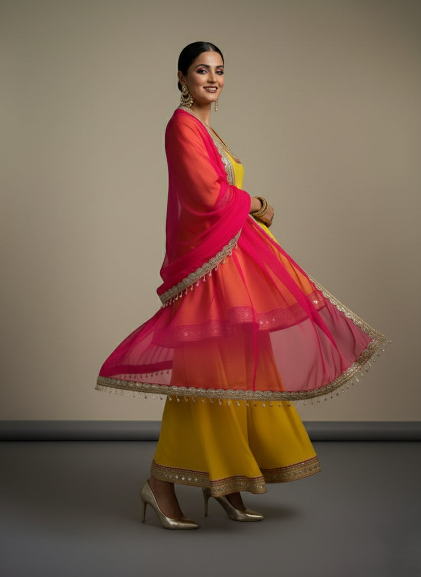 Yellow Floral Strip Peplum Set - 52734KS