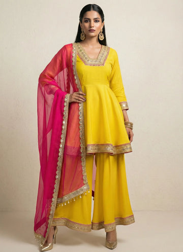 Yellow Floral Strip Peplum Set - 52734KS