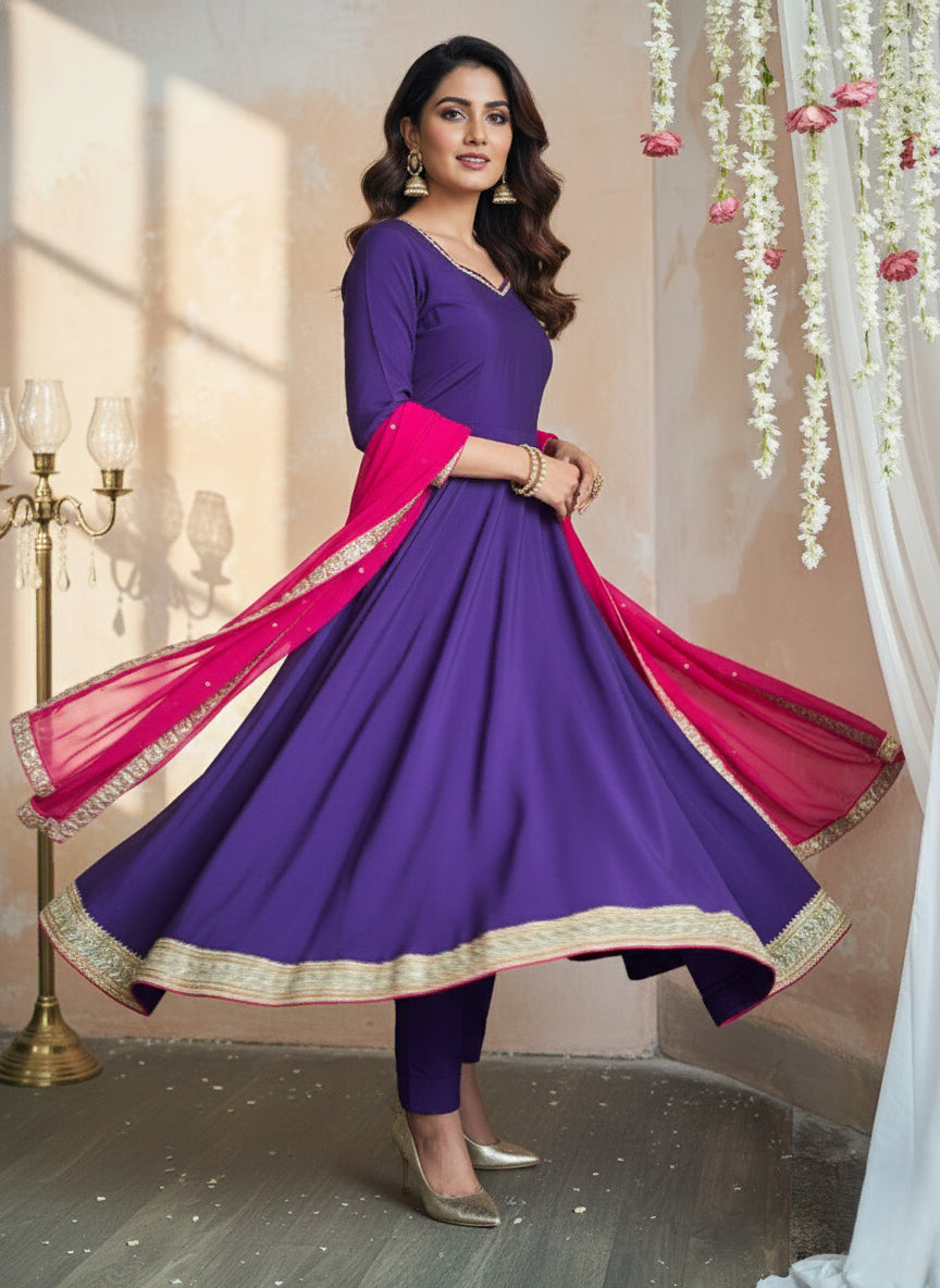 Purple Anarkali with Gold Lace Organza Dupatta Set - 52735KS