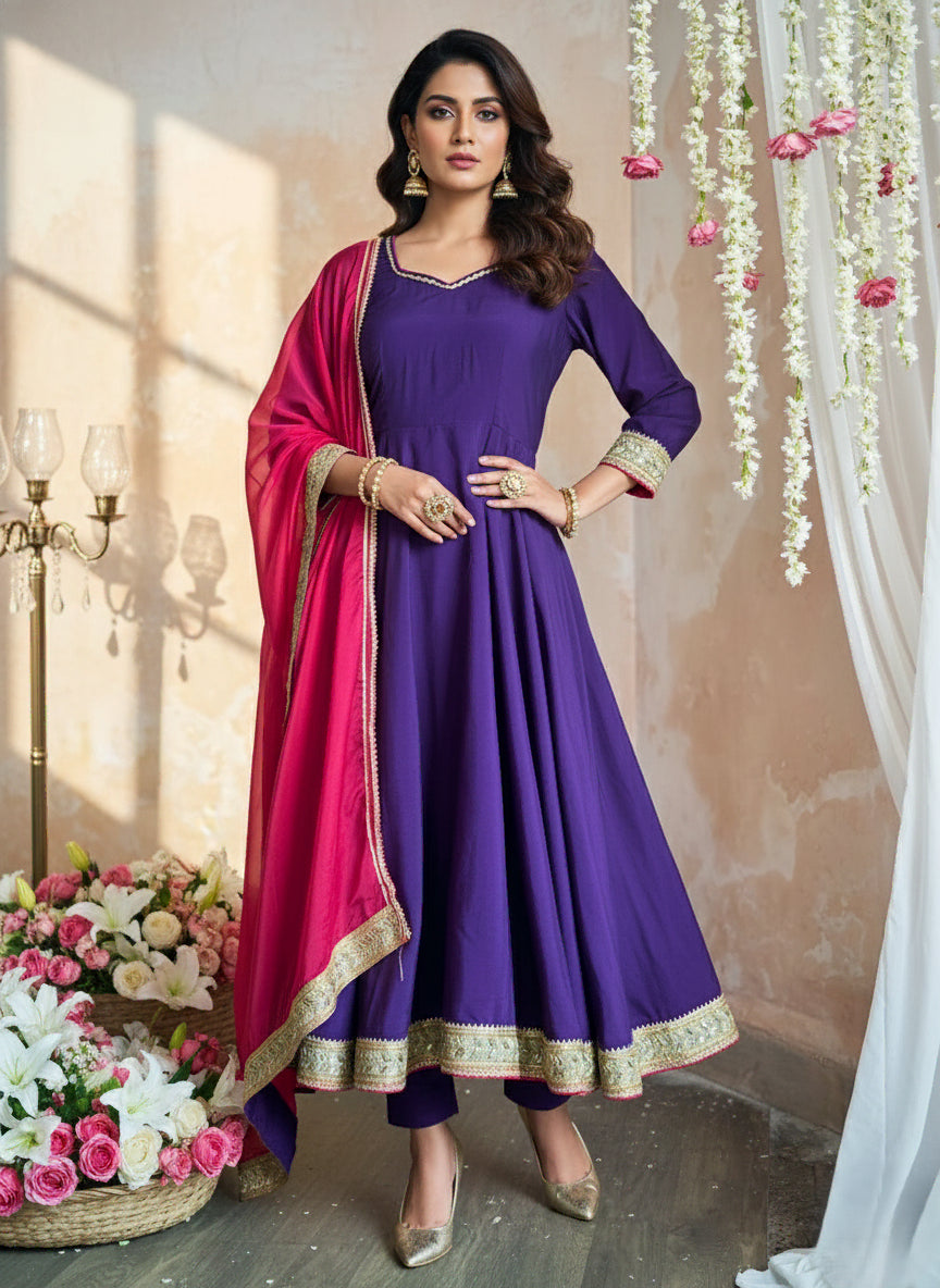 Purple Anarkali with Gold Lace Organza Dupatta Set - 52735KS