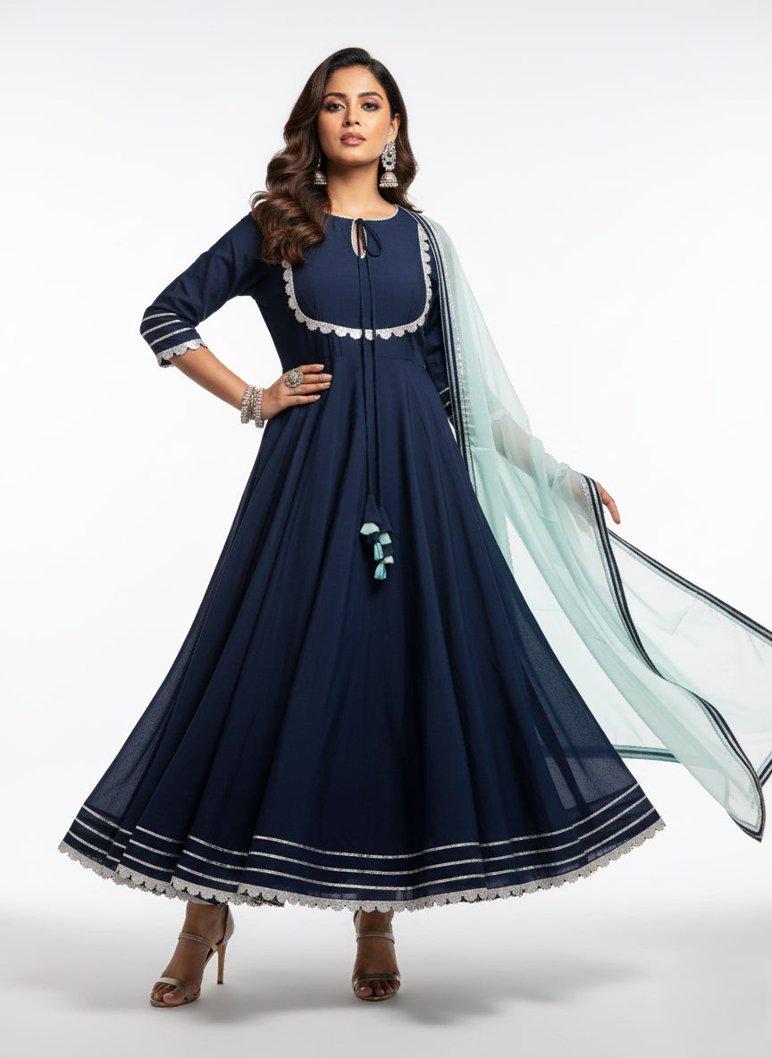 Navy Blue Roman Silk Anarkali Set - 52737KS