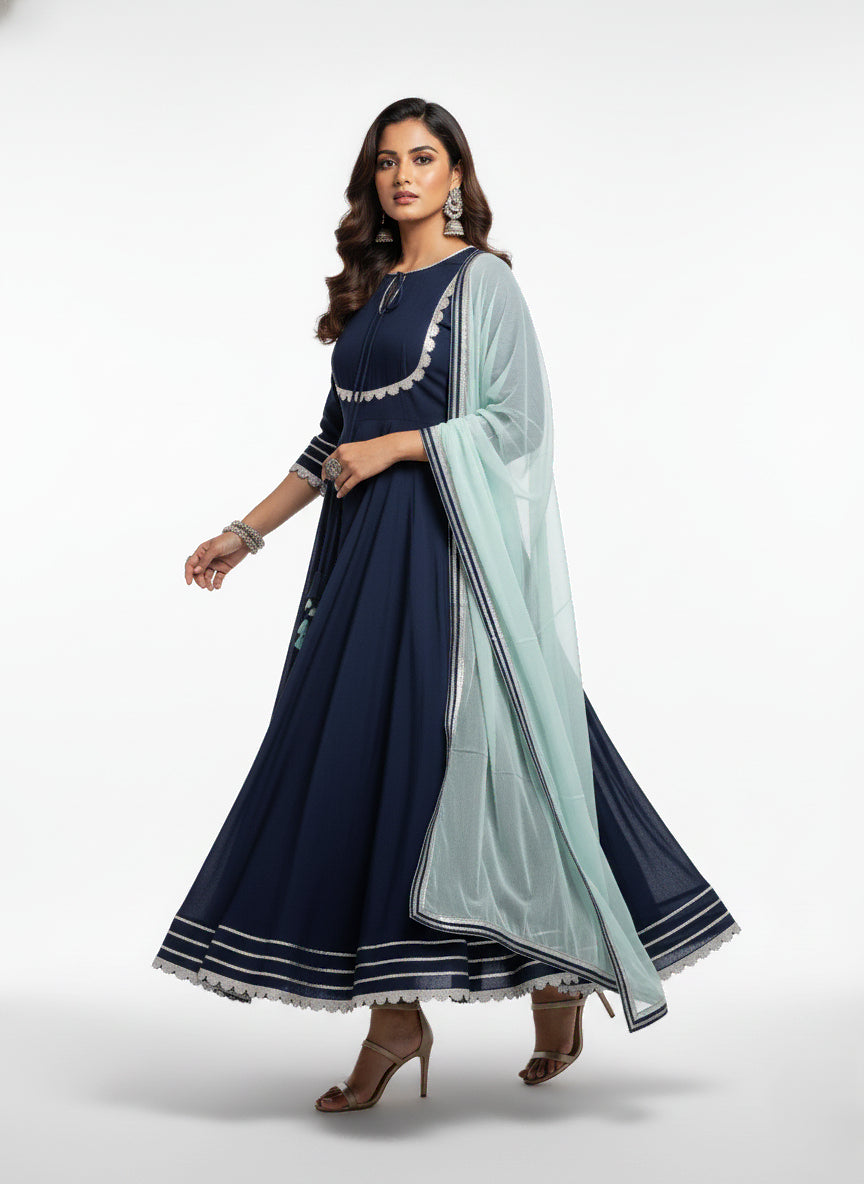Navy Blue Roman Silk Anarkali Set - 52737KS