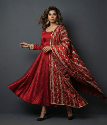 Maroon Floral Scallop Anarkali Set - 52716KS