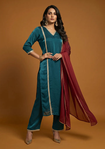 Saaj Teal & Wine Suit Set