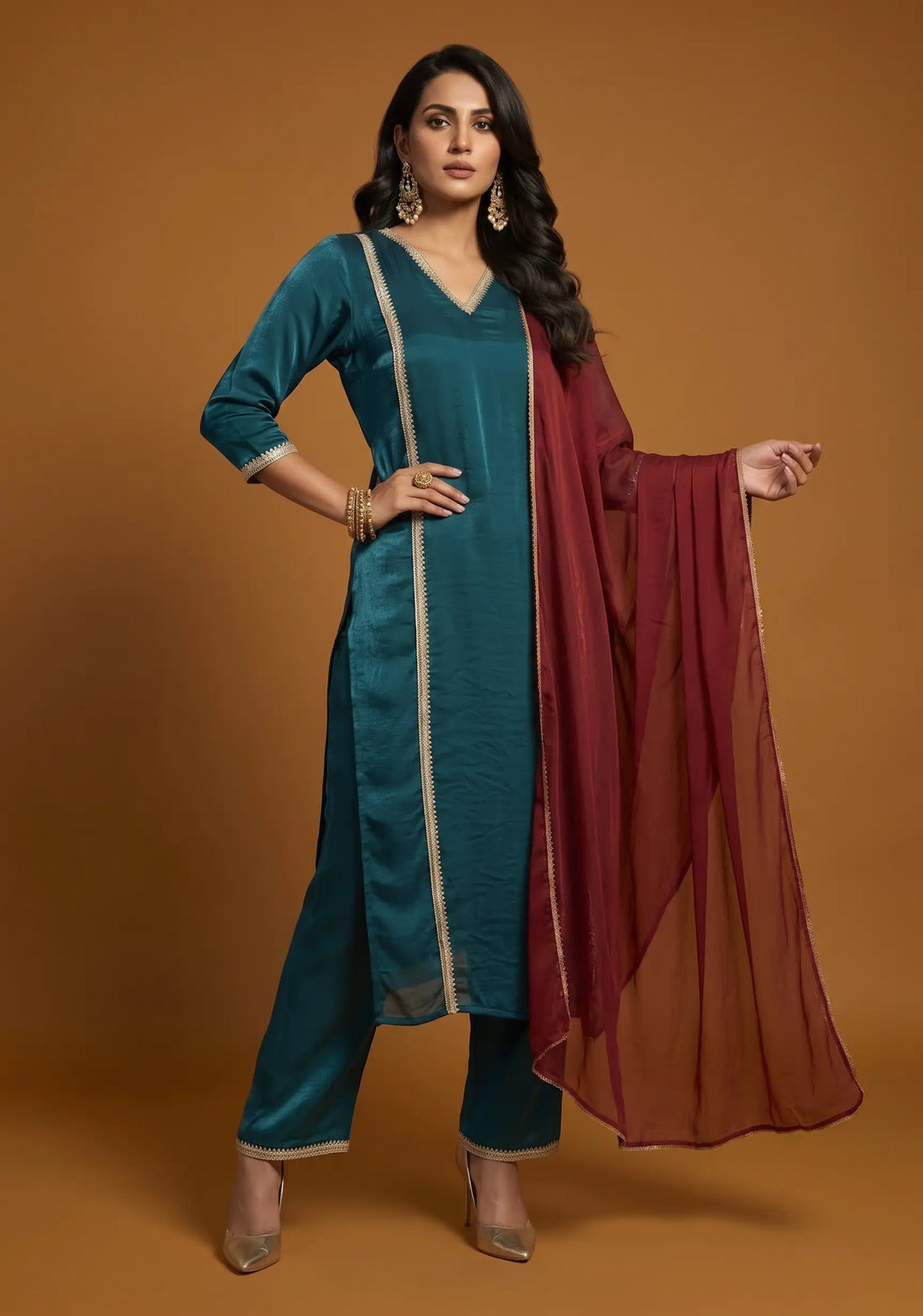 Saaj Teal & Wine Suit Set