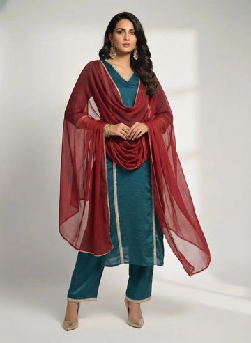 Teal Grace Organza Kurti Set