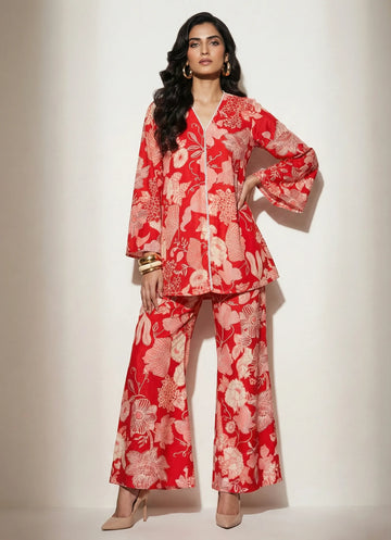 Scarlet Blossom Angrakha Peplum Set