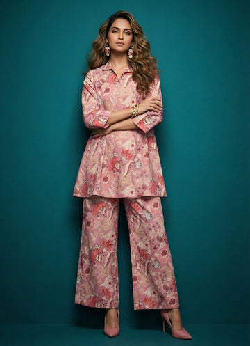 Pastel Salmon Floral Elegance Kurti Set