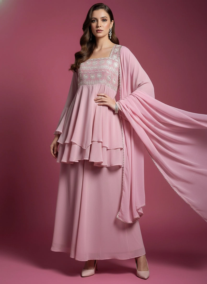 Blush Bloom Sleeved Peplum Gharara Set