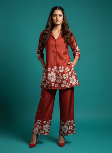 Dark peach Floral Grace Kurti Palazzo Set