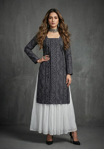 Charcoal Printed Gharara Kurti Set
