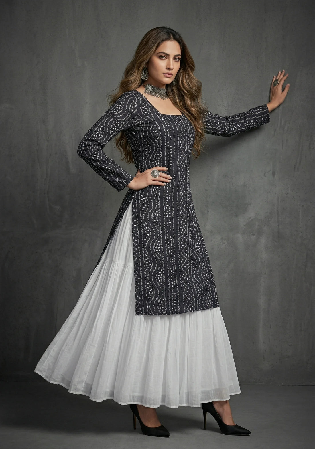 Charcoal Printed Gharara Kurti Set