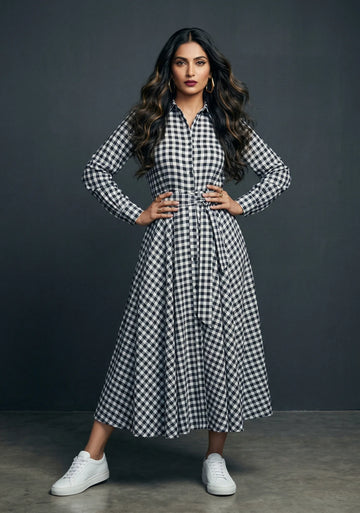 Monochrome Check Shirt Midi Dress