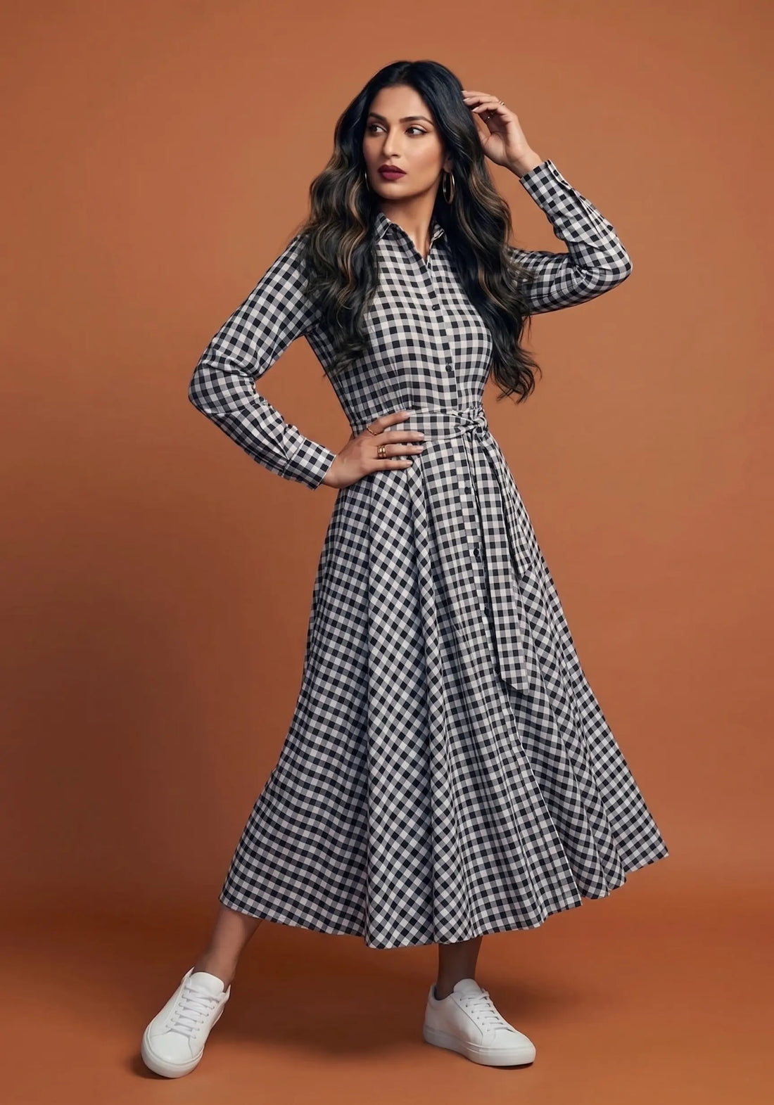 Monochrome Check Shirt Midi Dress