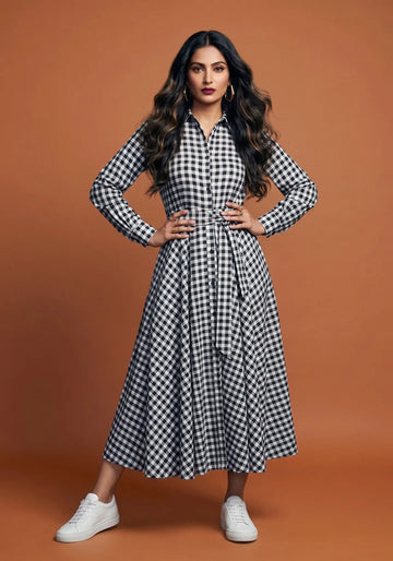 Monochrome Check Shirt Midi Dress