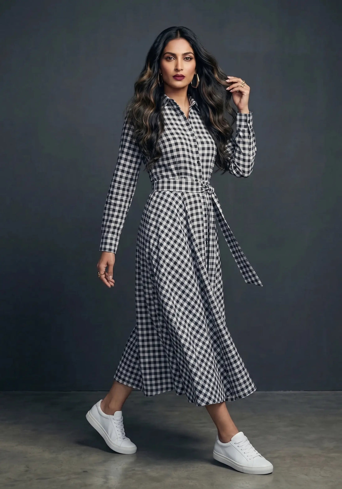 Monochrome Check Shirt Midi Dress
