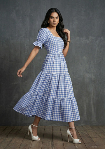 Blue Gingham Tiered Midi Dress