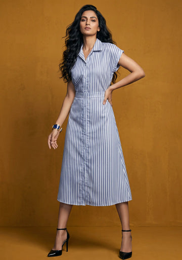 Blue Stripe Shirt Midi Dress