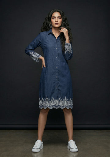 Indigo Lace Shirt Denim Dress