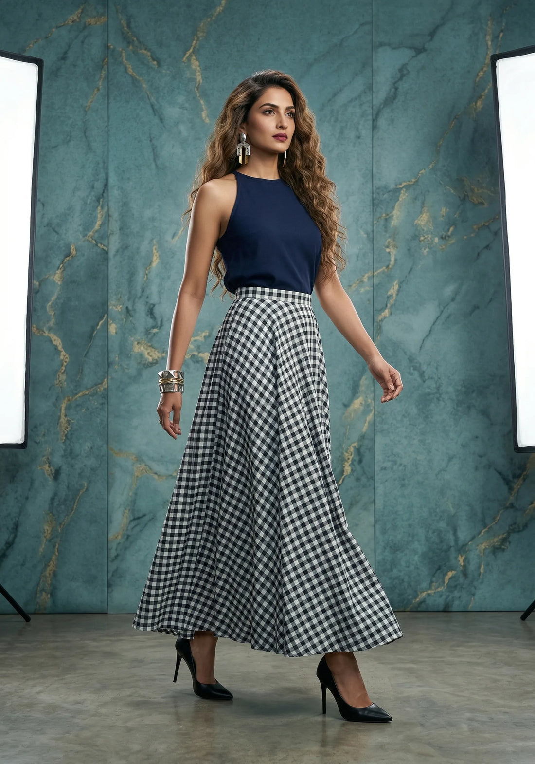 Midnight Check Maxi Skirt Set