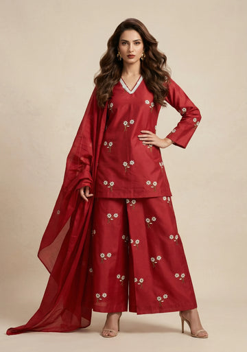 Crimson Bloom Embroidered Kurta Set