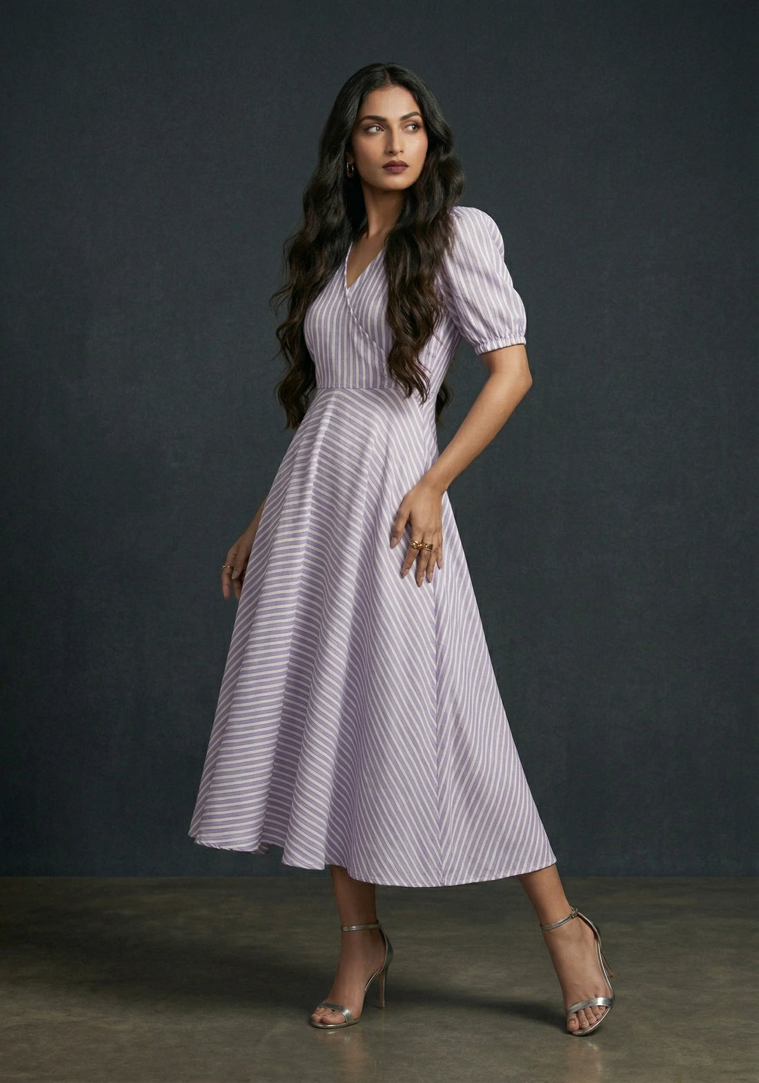 Lavender Stripe Wrap Midi Dress