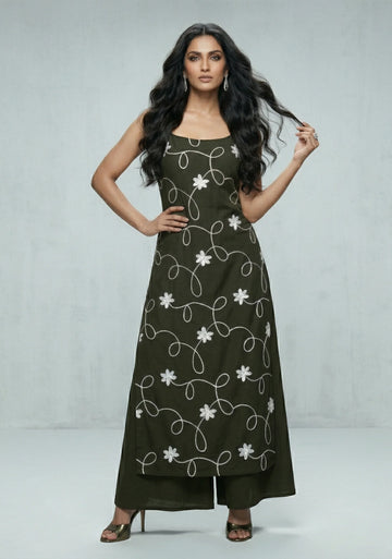 Olive Noir Threadwork Kurta Set