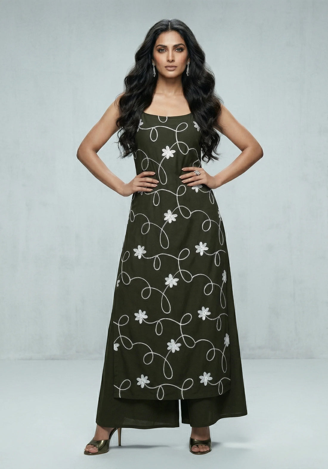 Olive Noir Threadwork Kurta Set